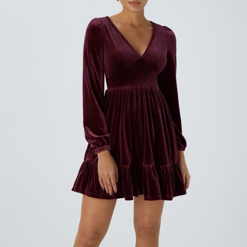 NWT Halara Everyday Deep V Neck Long Sleeve Ruffled Hem Velvet Mini Party Dress